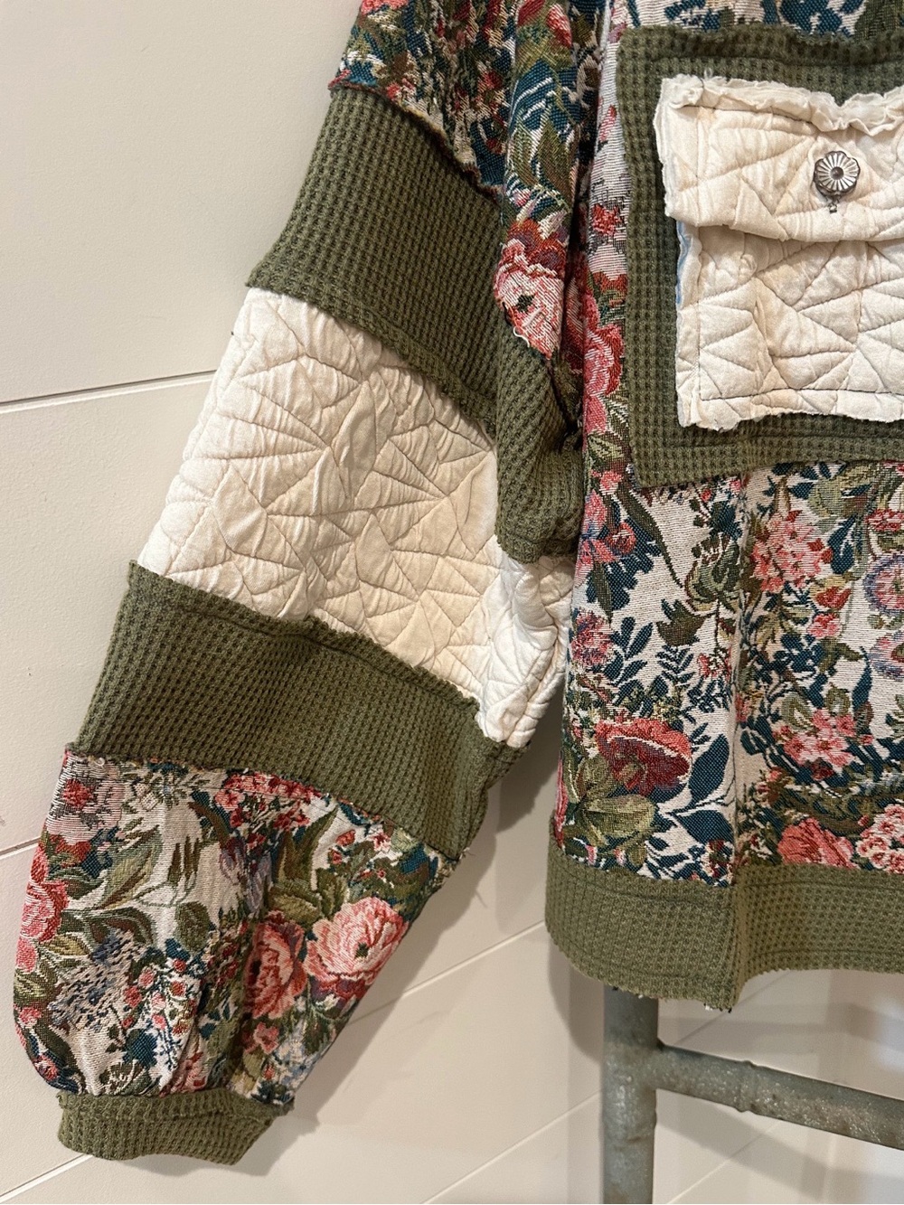 NEW POL: “The Fiona”Boho Floral Quilted Shacket in Olive and Cream - Picture 4 of 6